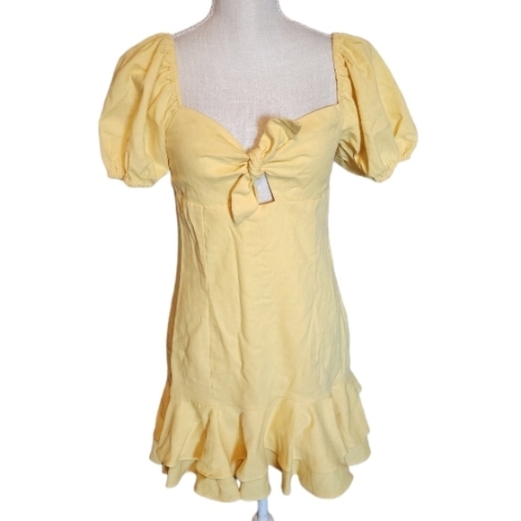 Altar'd State Dresses & Skirts - ALTAR'D STATE Knot Front Puff Sleeve Babydoll Sundress Yellow linen cott…